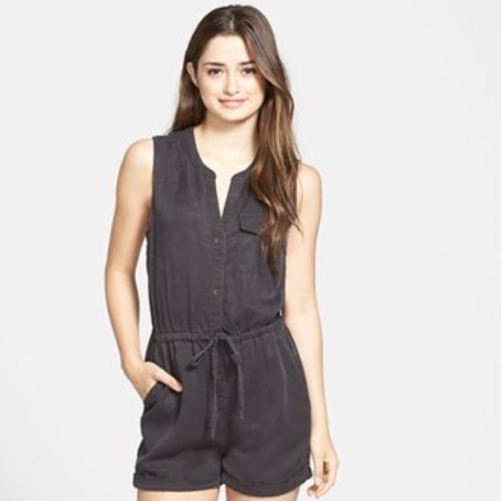 LUCKY BRAND Washed Black Denim Cinch Waist Button Up Romper